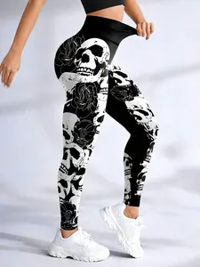 Women's Skull & Flower Print, Casual Comfy Breathable High Stretch Skinny Pants for Yoga Gym Workout Running, Ladies Bottoms for All Seasons, Scrunch Sports Leggings