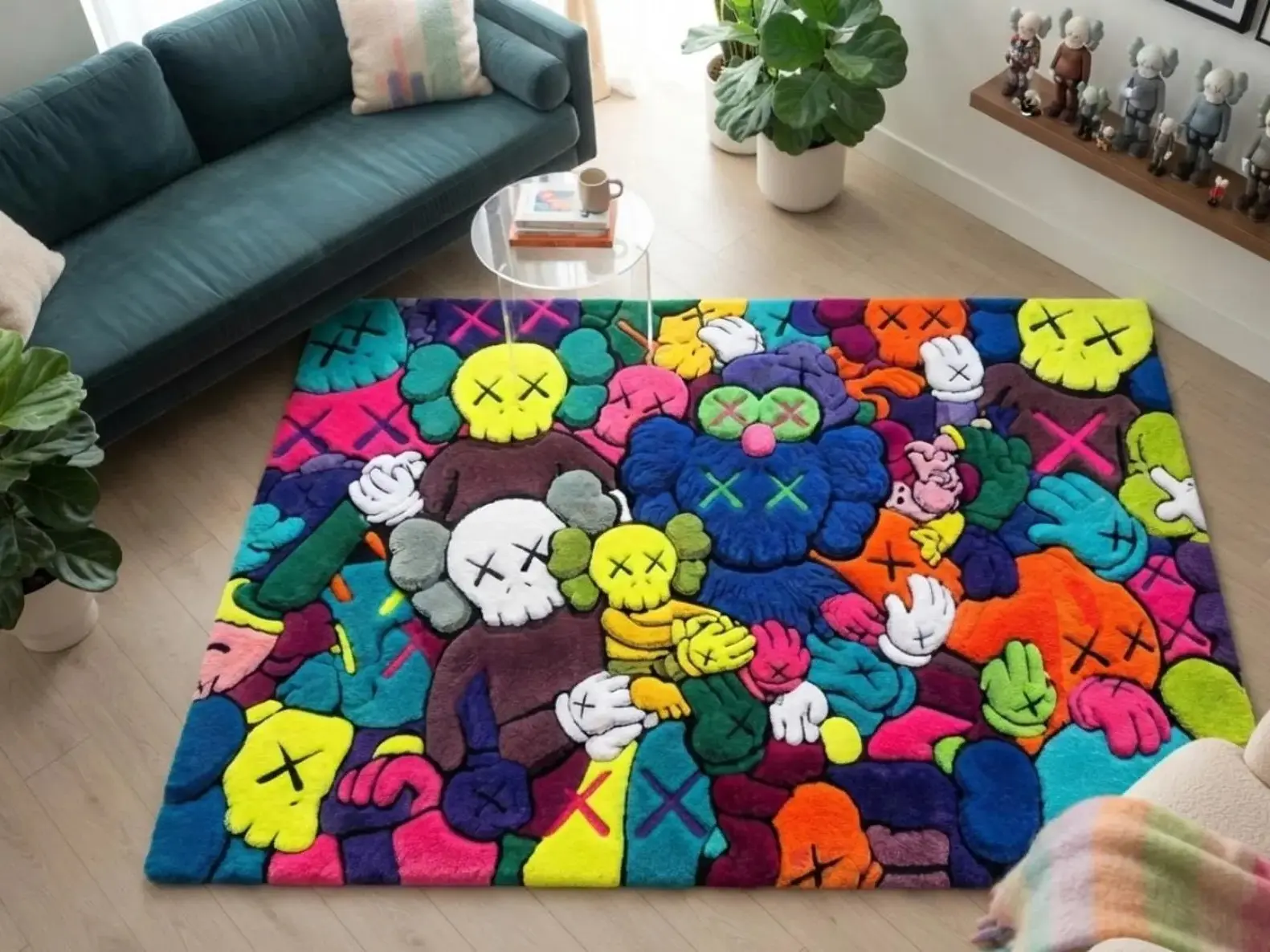 8x10 KAWS-Inspired Hand-Tufted Wool Area Rug, Colorful Street Art Piece, Luxury Hypebeast Home Decor