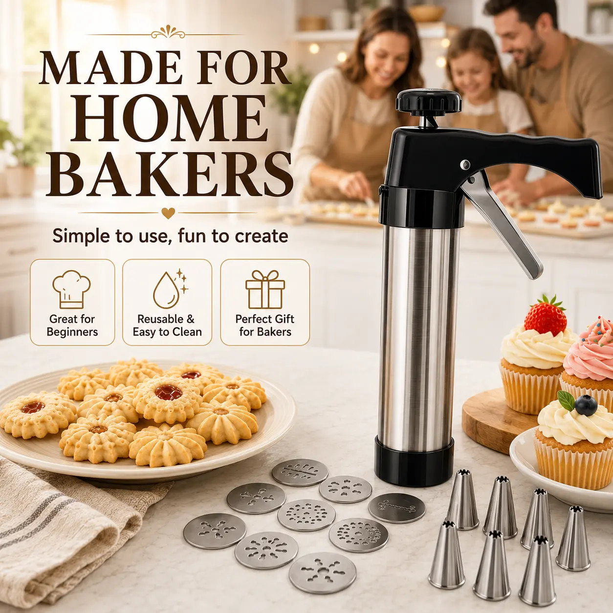 21-Piece Cookie Press Kit – Easy Cookie Maker with 13 Pattern Discs & 8 Piping Tips for Homemade Cookies & Desserts