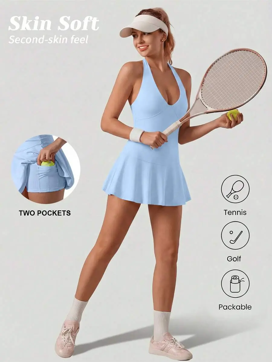 VVX Women's Sexy Hang Around The Neck V Neck Pleated Flowy Tennis Dress For Athletic Golf Workout Summer Mini Dresses With Shorts Pockets