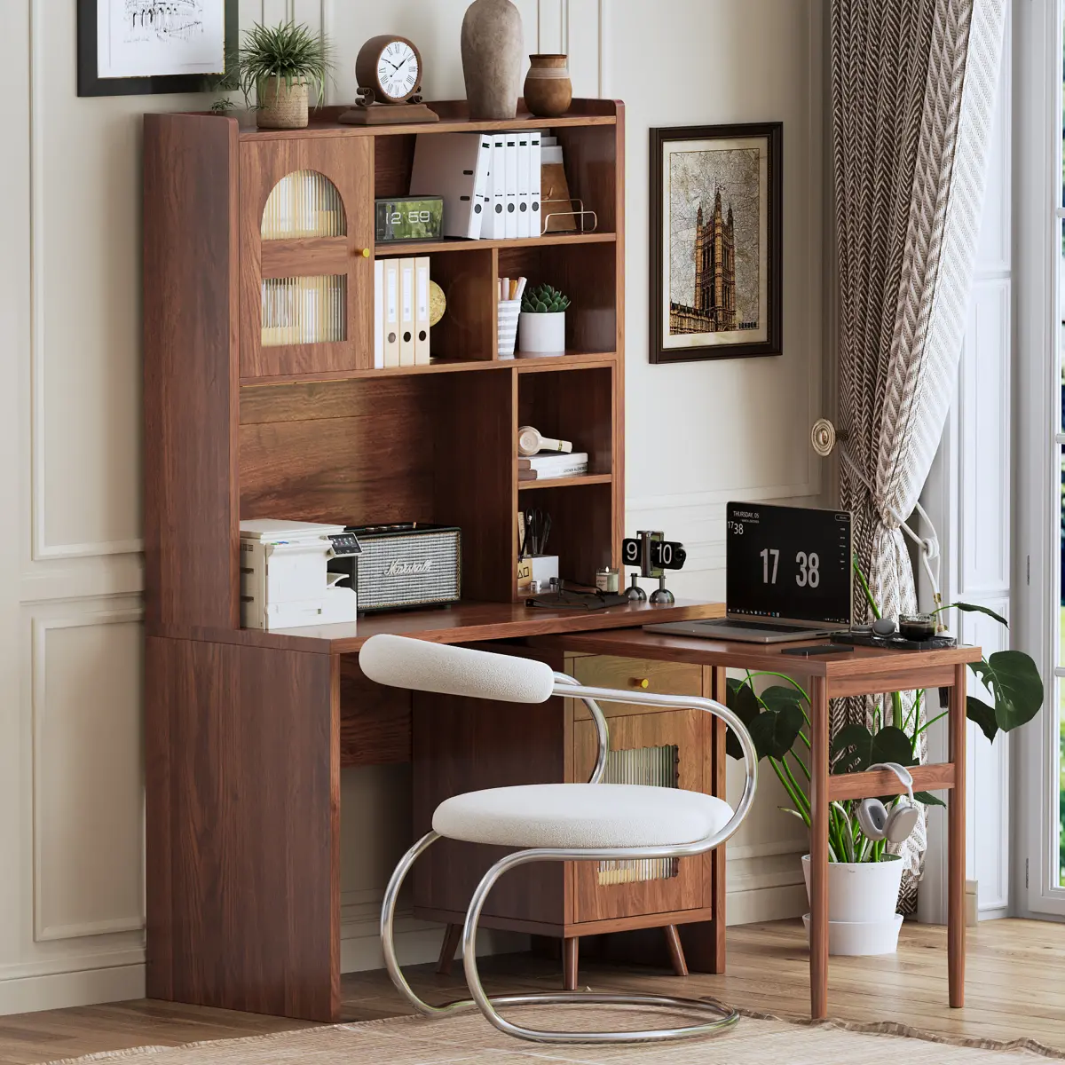 43.1"l×21.6"w×70.1"h Adjustable L-Shaped Glass Computer Desk with Rotatable Top, 90-Degree Rotating Tabletop, Drawers, Cabinets, Space-Saving Office Furniture, 132.17 lbs, Assembly Required for Gaming/Study Use, Simple Setup