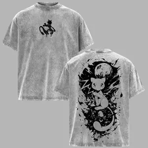 Mewtwo PKM Anime Double Printed Vintage Washed Tee Unisex Oversize Anime Manga Washed Heavyweight Cotton T-shirt, Gift For Anime Fan