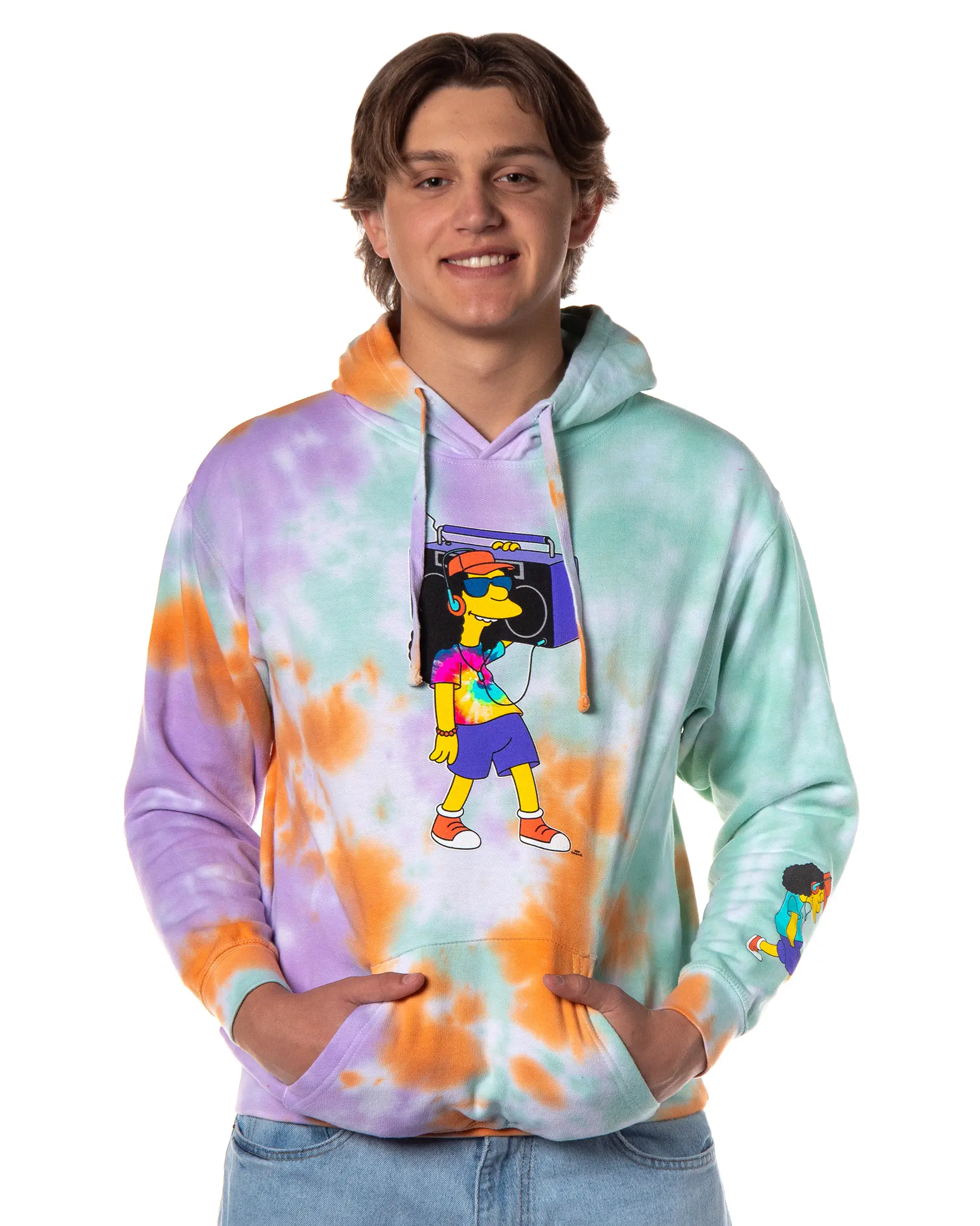 Menswear The Simpsons Men's Retro Ribbed Colorful Otto Tie-Dye Pullover Hoodie Sweatshirt with Kangaroo Pocket