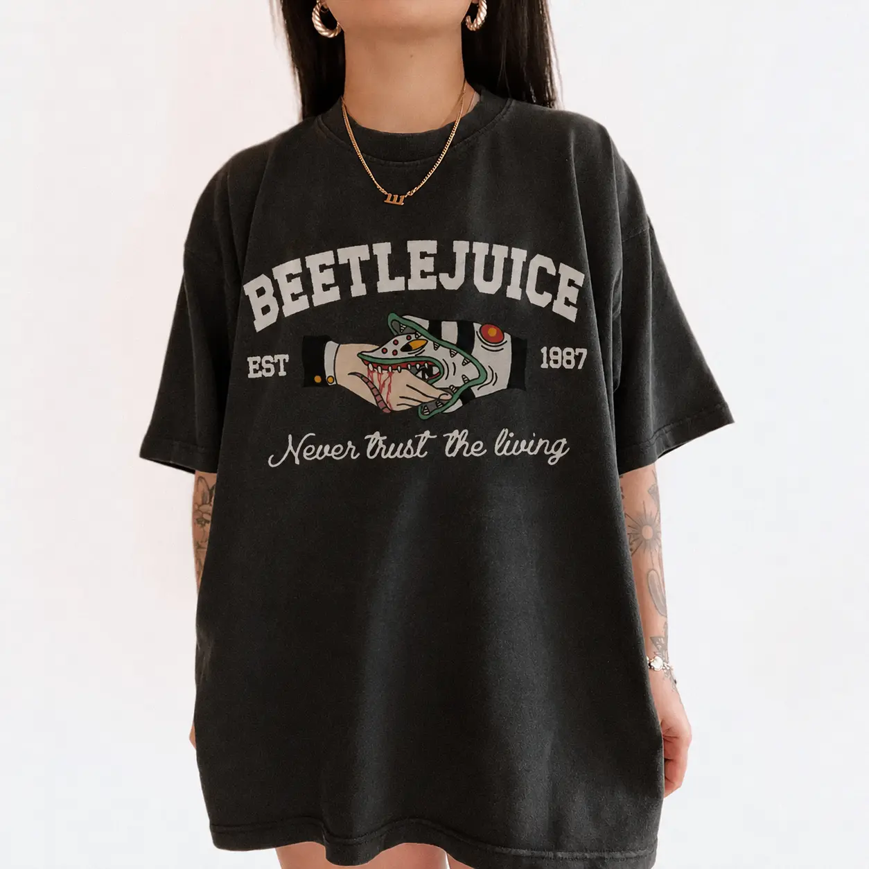 Comfort Colors Beetle Juice Never trust The Living Graphic T Shirt, Retro Spooky Season Collegiate Tee, Comfort Colors Goth Aesthetic Shirt, Est 1987 Vintage Horror Graphic Tee, Halloween Streetwear Top, Fall Spooky Shirt, Unisex Halloween Gift