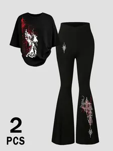 Y2K Gothic Angel Print 2-Piece Set | Oversized Black Tee & Flare Pants | Grunge Punk Aesthetic Outfit for Streetwear & Daily Wear | Trendy Co-ord Set