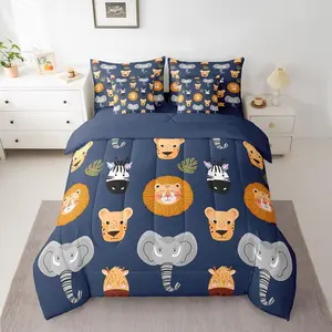 Zoo Animal 7 Piece Bedding Set,Cartoon Animal Bed in a Bag,Cute Lion Elephant Zebra Comforter Set with Sheets,Navy Blue Bed Set