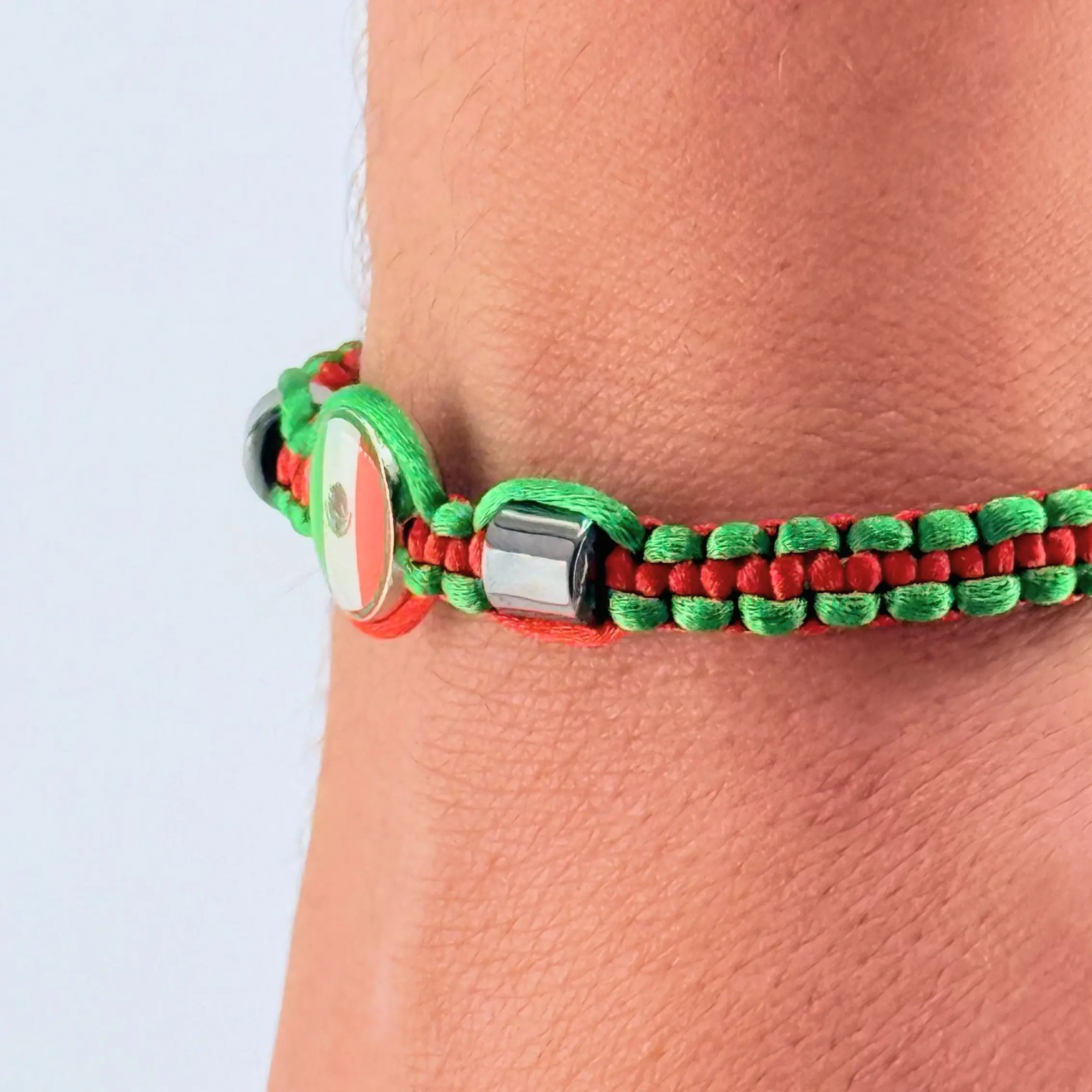 Adjustable Mexican Flag Bracelet with Hematite Beads Satin Cord 6 Inches Black Red Green Colors Lightweight Daily Wear Gift
