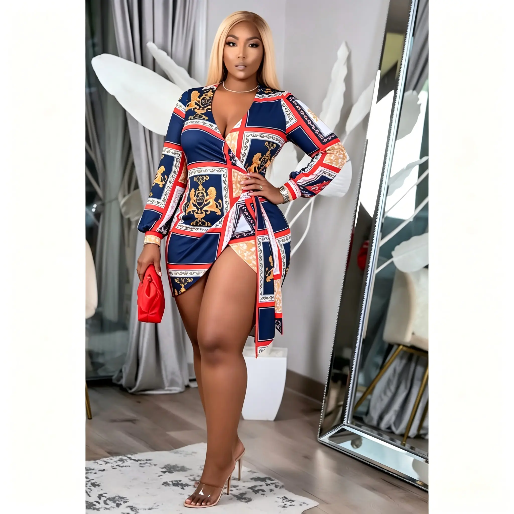 6669 Plus Size Baroque Lion Print Wrap Mini Dress, Women Long Sleeve V Neck Tie Waist Bodycon Club Party Dress Casual Chic Fashion Womenswear Elegance Piece Style Summer Slit Elegant