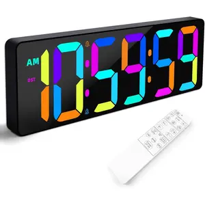 5.6'' Number RGB Digital Display with Ambient Lighting,17.2" Large Digital Wall Clock with Auto-Brightness, Remote Control Alarm Clock for Home