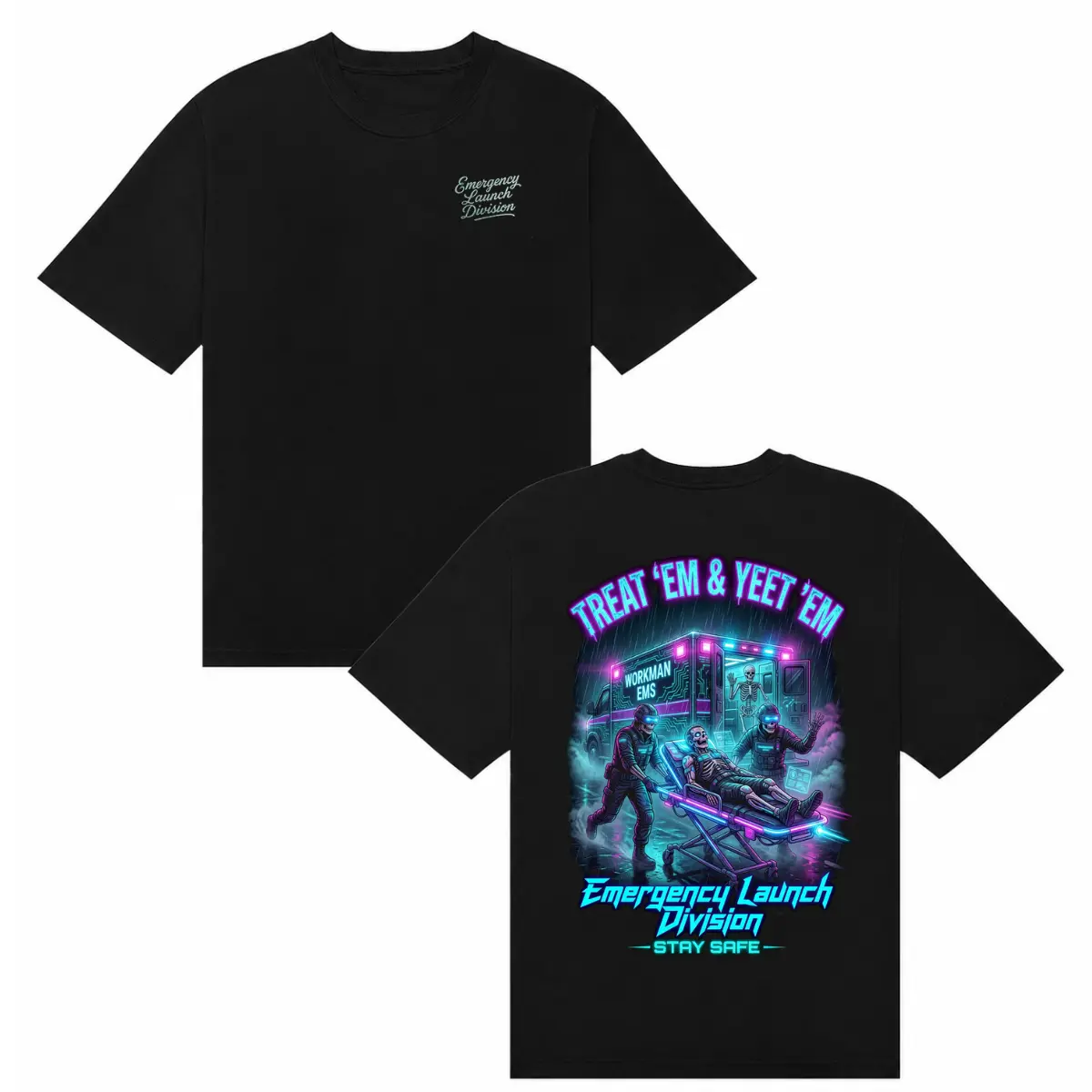 Men's Heavy Cotton Graphic Art T-Shirt - TREAT EM & YEET EM EMS Neon Ambulance Skeleton, Funny Emergency Medical Humor Paramedic, Sporty Sports Tops, Casual Round Neck Short-Sleeve, Blue Collar Black Streetwear, US Pride