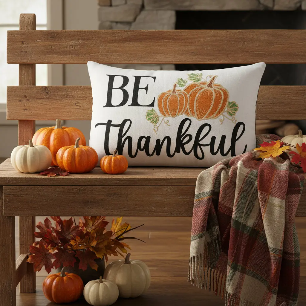 Sable Ann Buffalo Check Be Thankful Pumpkin Pillow