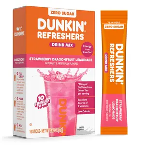 Dunkin’ Refreshers Singles To Go! Powdered drink mix packets, Strawberry Dragon fruit Lemonade, 10 packets per box , Energy from Green Tea, aspartame-free, no synthetic colors, naturally and artificially flavored, just add water