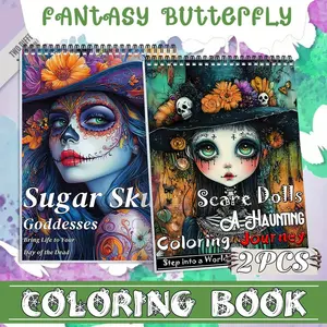 2pcs Adult Coloring Books - Fun Coloring, Premium Coloring Experience, Sugar Skull & Scare Doll Themes, Beginner-Friendly, Vivid Designs & Illustrations on Thick Paper, A4 Size, Spiral Bound, Therapeutic & Mindfulness, Perfect Gift for Ramadan & Holidays