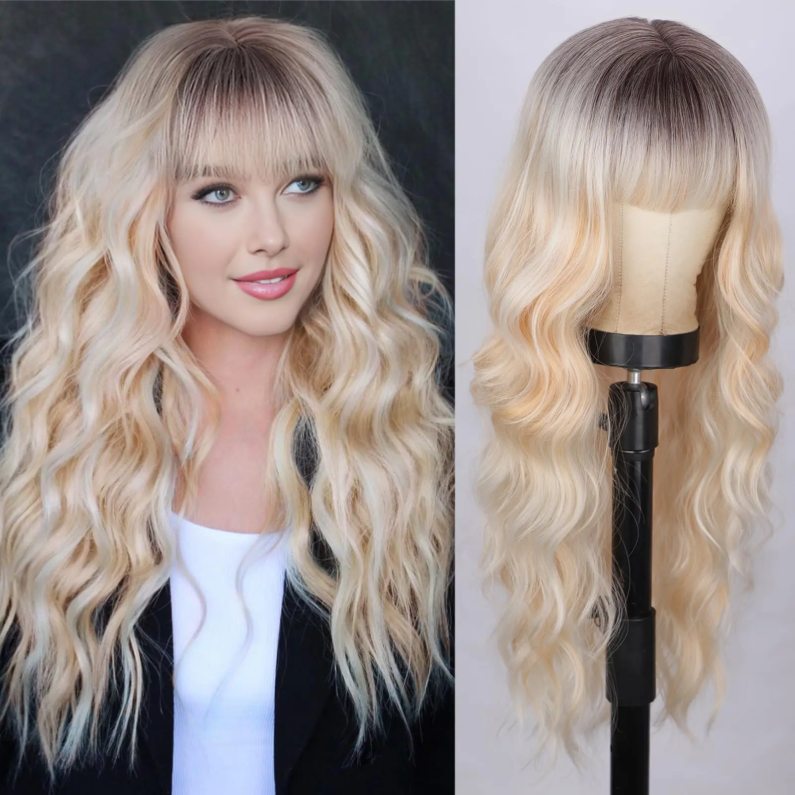 AISI HAIR Blonde Wig, 26-Inch Long Wavy Dirty Blonde Ombre with Dark Roots and Bangs, Heat Resistant Glueless Full Machine Synthetic Hair, Waves, Hair Wigs, High Quality Wigs