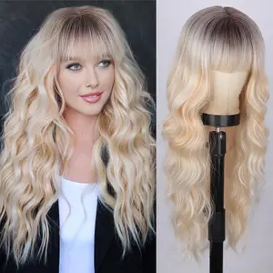 AISI HAIR Glueless Synthetic Full Machine Blonde Wig, 26-in Long Wavy with Bangs, Dark Roots Ombre, Heat Resistant, for Beginners & Daily Use,summerwins