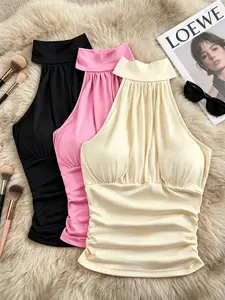 Summer High Neck Halter Top Set, Women's Sleeveless Pleated Tank, Slim Fit Beach Vacation Crop Top, Three-Piece, Womenswear Chic