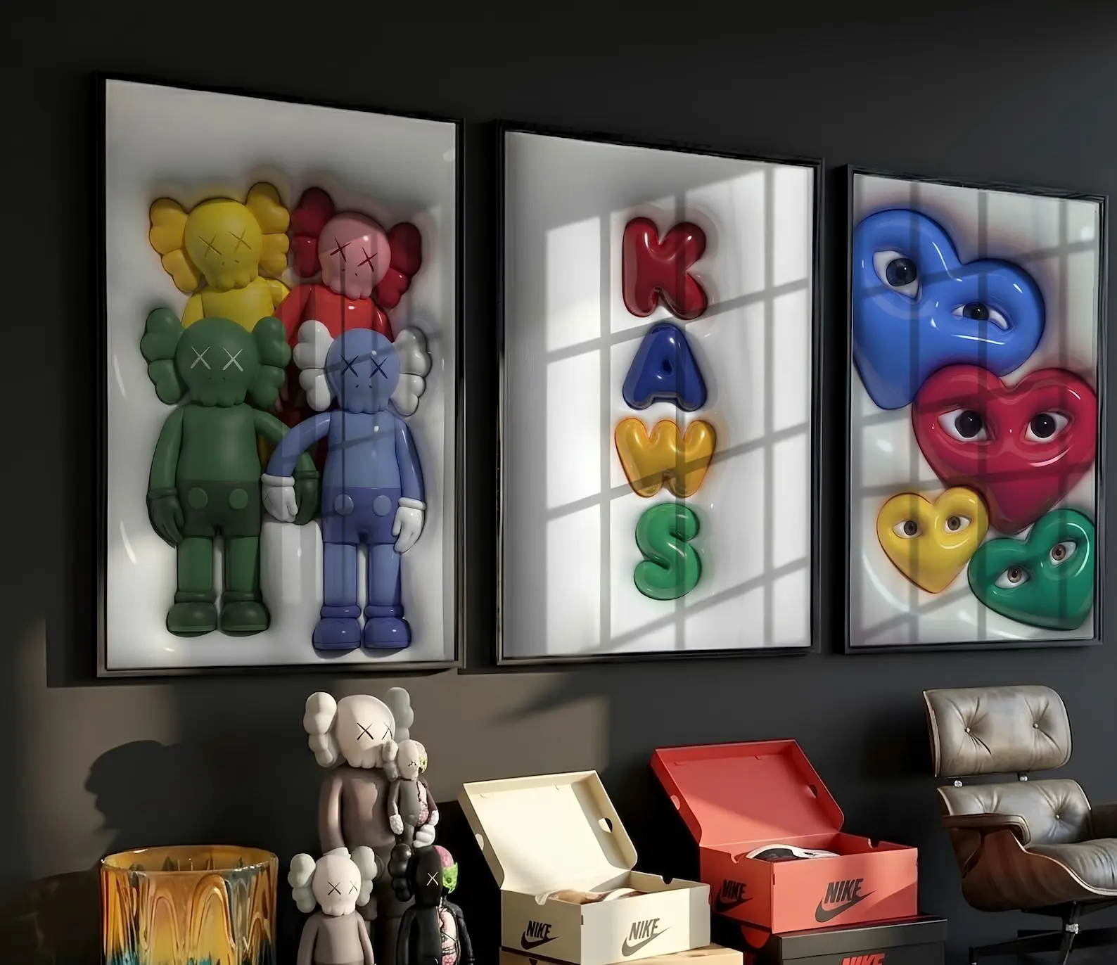 Set of 3 HypeBeast Room Decor Cool Wall Art Set DIGITAL DOWNLOAD, 3D KAWS Wall Art Bundle, HypeBeast Wall Art, Trendy Wall Art, 3D Wall Deco