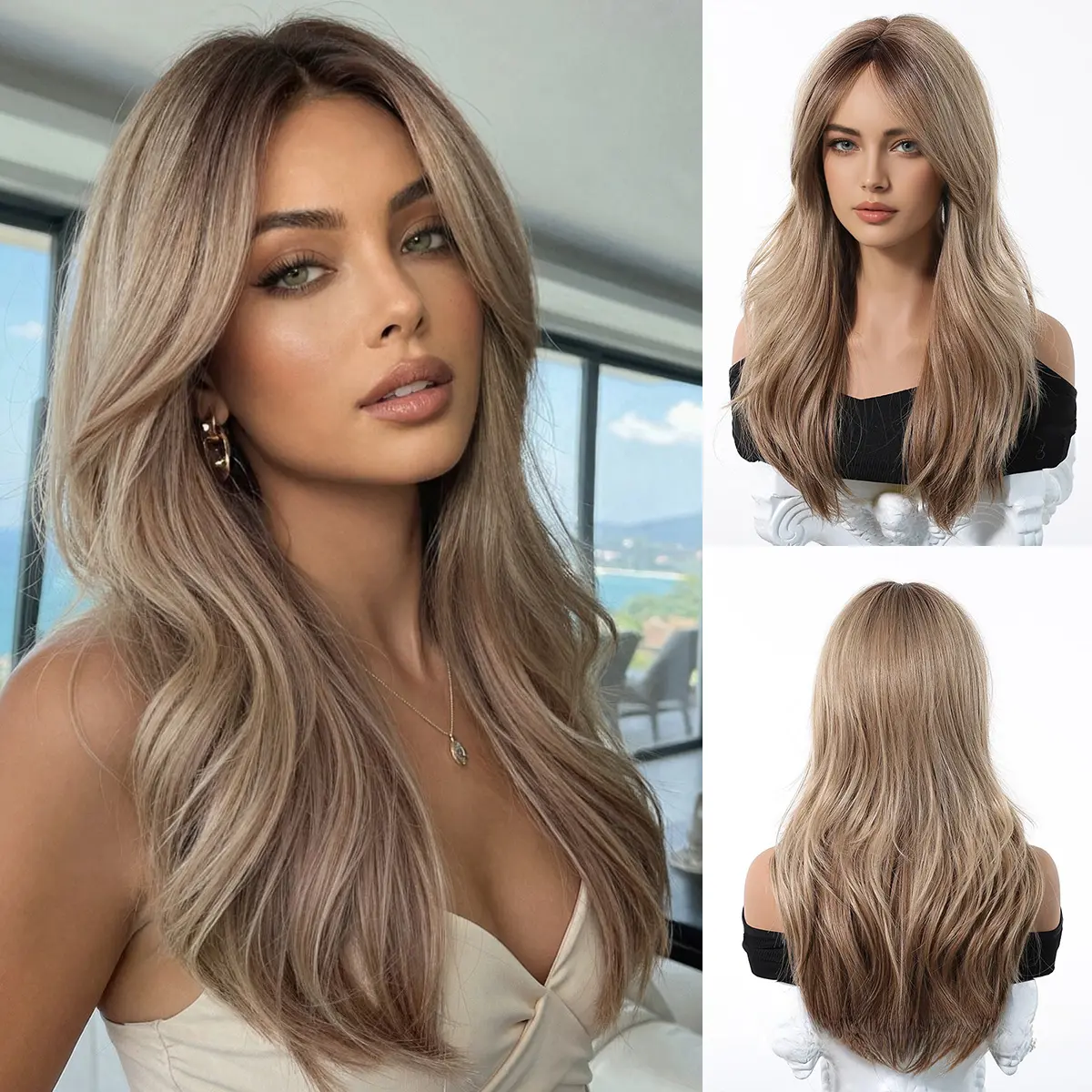 Women's Heat Resistant Synthetic Full Machine Wig, Ombre Wavy Style with Realistic 8-Character Bangs, Long Voluminous Lazy Deep Wavy Highlight Blonde, Full Wig Cap, Ombre Wavy Wigs