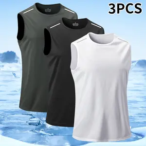 Men’s 3-piece set featuring quick-dry, breathable, lightweight sleeveless tank tops suitable for the gym, running, and everyday casual wear; crew-neck sleeveless tank tops.