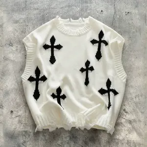 Men's Street Style Casual Short Cross Pendant Halloween Christmas Destroyed Fringe Party Layered Loose Sleeveless Round Neck Knit Vest