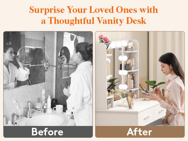 Lifewit Vanity with Mirror Adjustable Lighting, 2 Power Outlets/USB Ports, Makeup Desk with Storage Stool, 8 Open Shelves, 2 Drawers, Lipstick Holders Lifewit Vanity with Mirror Adjustable Lighting, 2 Power Outlets/USB Ports, Makeup Desk with Storage Stool, 8 Open Shelves, 2 Drawers, Lipstick Holders