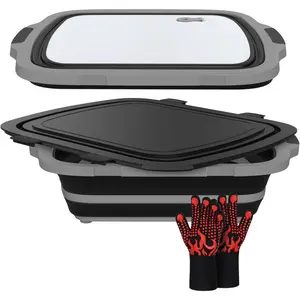 XL Collapsible BBQ Prep Tub with  Board & Drain Plug - Portable  Prep Station for Kitchen, Camping & Grill - Dishwasher Safe, Space-Saving Design - Bonus Heat-Resistant Glove Included