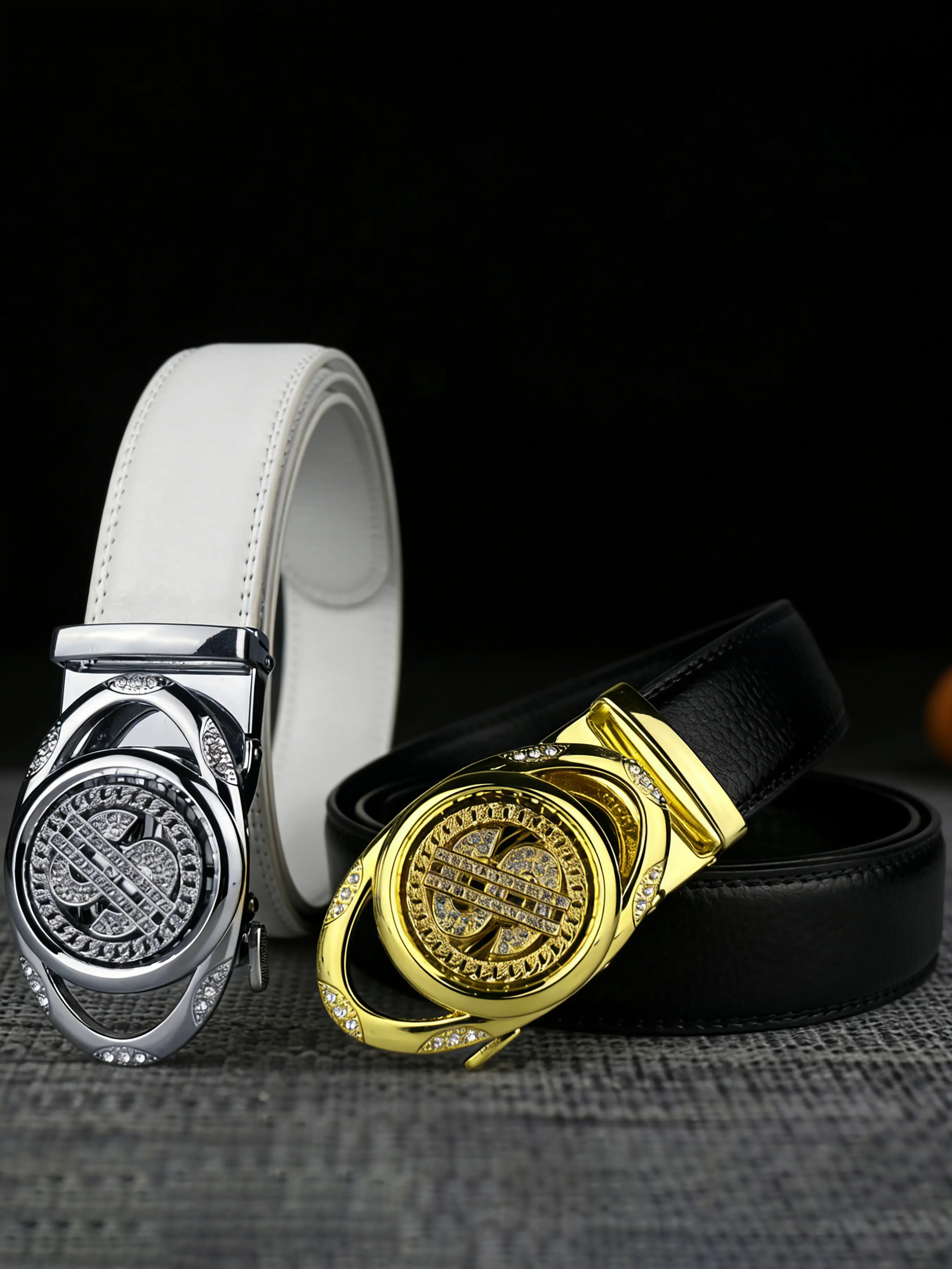 1Pcs men's belt, USD shaped alloy automatic buckle, rhinestone decoration, Trendy Belt, Statement Belts, 3.5cm wide men's and women's gift belt, All Season Wear, suitable for casual pants, jeans, daily versatile belt