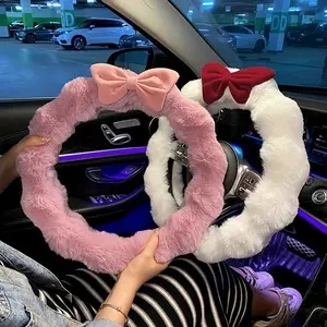 Plush Winter Car Steering Wheel Cover with Bowknot - Fit, Soft Polyester Interior Accessories