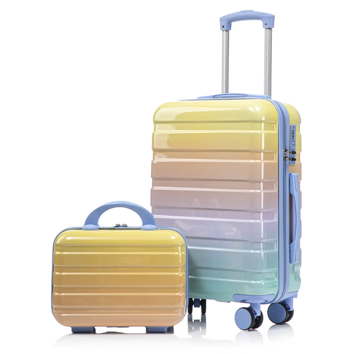 20 Inch Carry on Luggage Set of 2 with Spinner Wheels and 14" Cosmetic Case, Hardshell Small Suitcases with Combination Lock, Checked Luggage for Travel Men and Women, Blue+Yellow