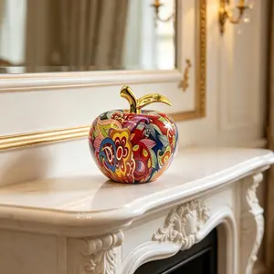 Colorful Graffiti Apple Decorative Figurine with Gold Handle, Unique Design for Home Decoration, Perfect Gift for Bedroom Living Room Desk, Sculpture Desk Decor