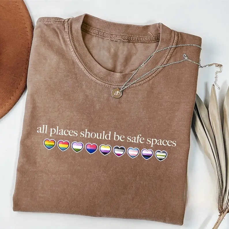 Women's Fitted Shortsleeve Round Neck Casual T-Shirt - All-Seasons Pride Element Top, LGBT Awareness Trans Rights Gift with "All Places Should Be Safe Spaces" Message, Pride Element Women's T-Shirts