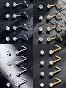 4Pcs Glitter Nose Studs 20G Stainless Steel Spiral Nose Ring Nostril Piercing Nose Stud Earrings Ladies Men Nostril Studs Piercing Jewelry Body Jewelry