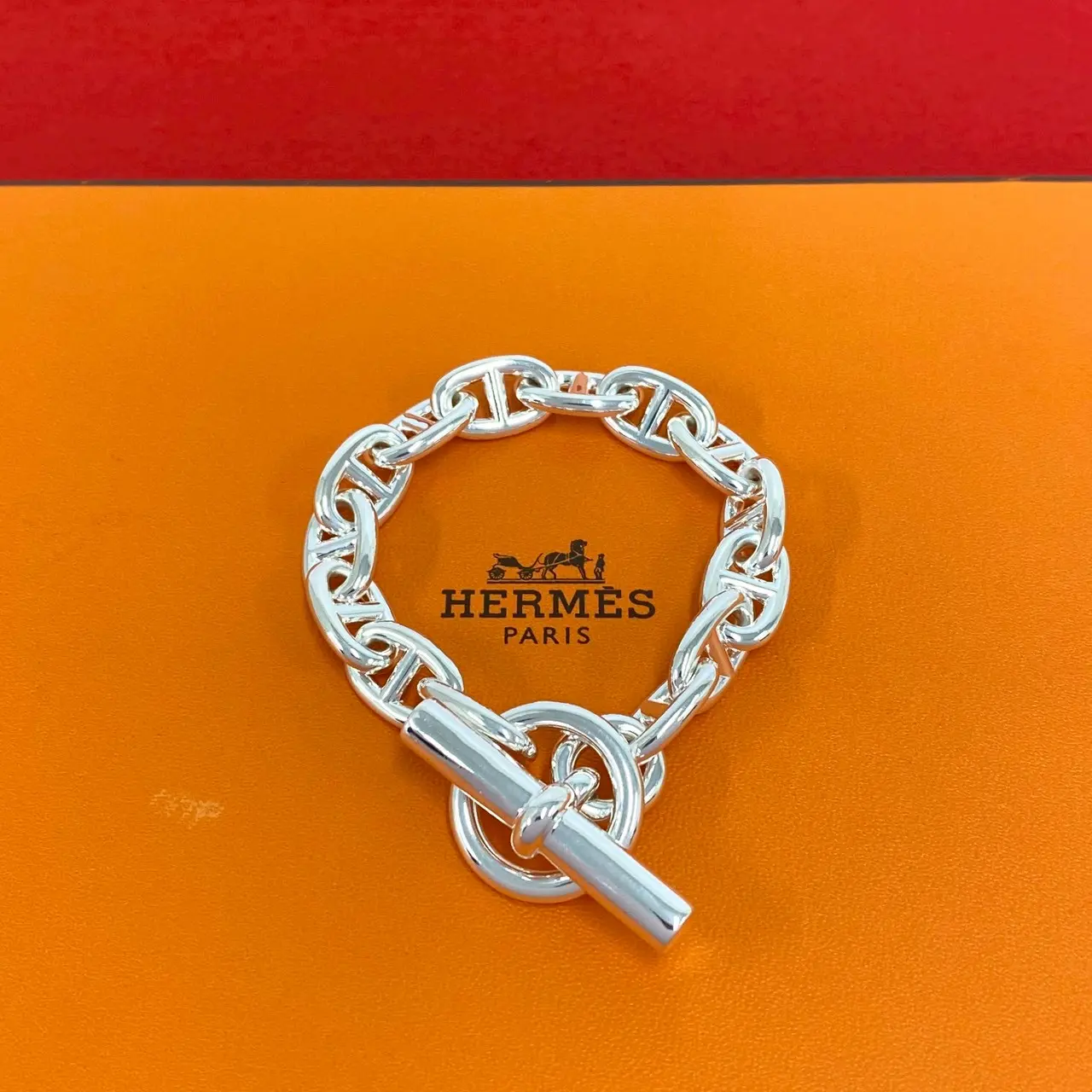 Pre-owned HERMÈS Sterling Silver 925 (Ag925) Small Leather Goods Hermes Chaine dAncre MM Bracelet