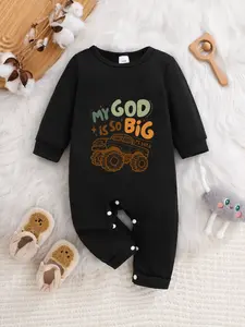 Newborn Spring Fall Long Sleeve Romper, Unisex Baby Onesie with Monster Truck Letter Print, Cute Crawling for Boys and Girls