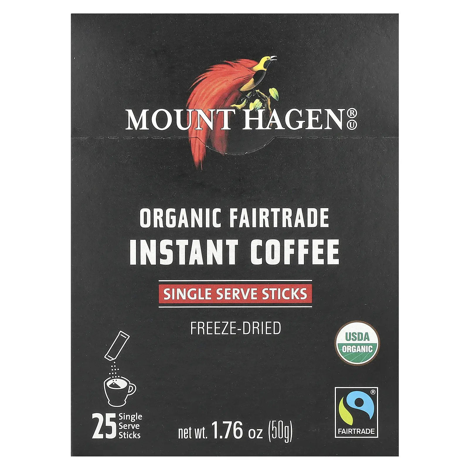 Mount Hagen Organic Fairtrade Instant Coffee, 25 Single Serve Sticks, 1.76 oz (50 g)