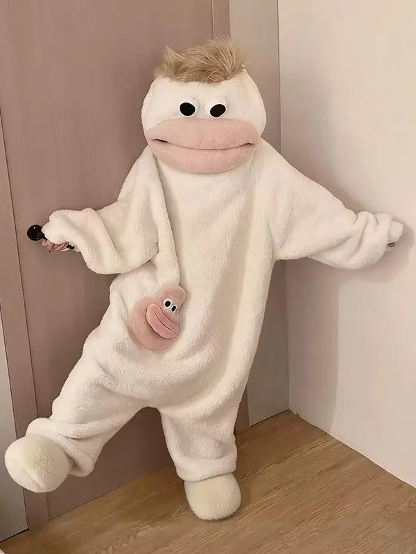 Women's Plus Size Cartoon Big-Mouth Monster Onesie - Coral Fleece, Large Comb Included, Broad-Shouldered Fit, Plush Wearable Blanket Hoodie Jumpsuit Pajamas for Friends, Center of Attention