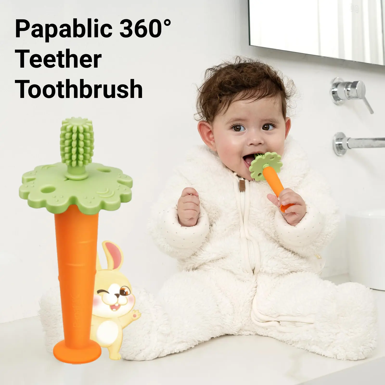 Papablic Baby Carrot Teether Toothbrush, for 6-12 Months, Newborn Sensory Teething, 360° Silicone Teether Toy with Suction Base, FDA-Compliant & Dentist Approved, Reduce Drool & Teething Pain, Toddler Christmas Gifts outdoorfun #DealsForYouDays
