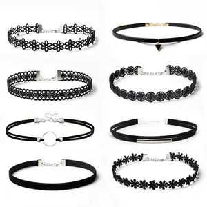 8Pcs Gothic Choker Necklaces Set, Vintage Punk Black Lace & Leather Choker Collar for Women, Gothic Jewelry