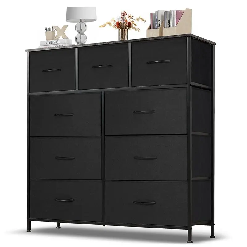 Dresser for Bedroom with 9 Drawers, Clothes Drawer Fabric Closet Organizer Cabinet, Large Chest Storage Tower with Metal Frame and Wood Tabletop