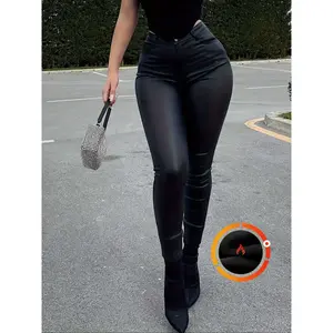 Women's winter and autumn high waisted insulated PU leather tight fitting seven quarter pants button fly slim solid color dressRAIMENTRY