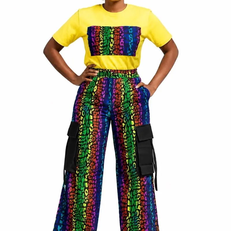 Women's 2-Piece Premium Cotton Blouse-Sleeve T-Shirt & Ankara Palazzo Pants Suit, Free Size, Boutique African Lady Fashion, Casual Luxury Outfit