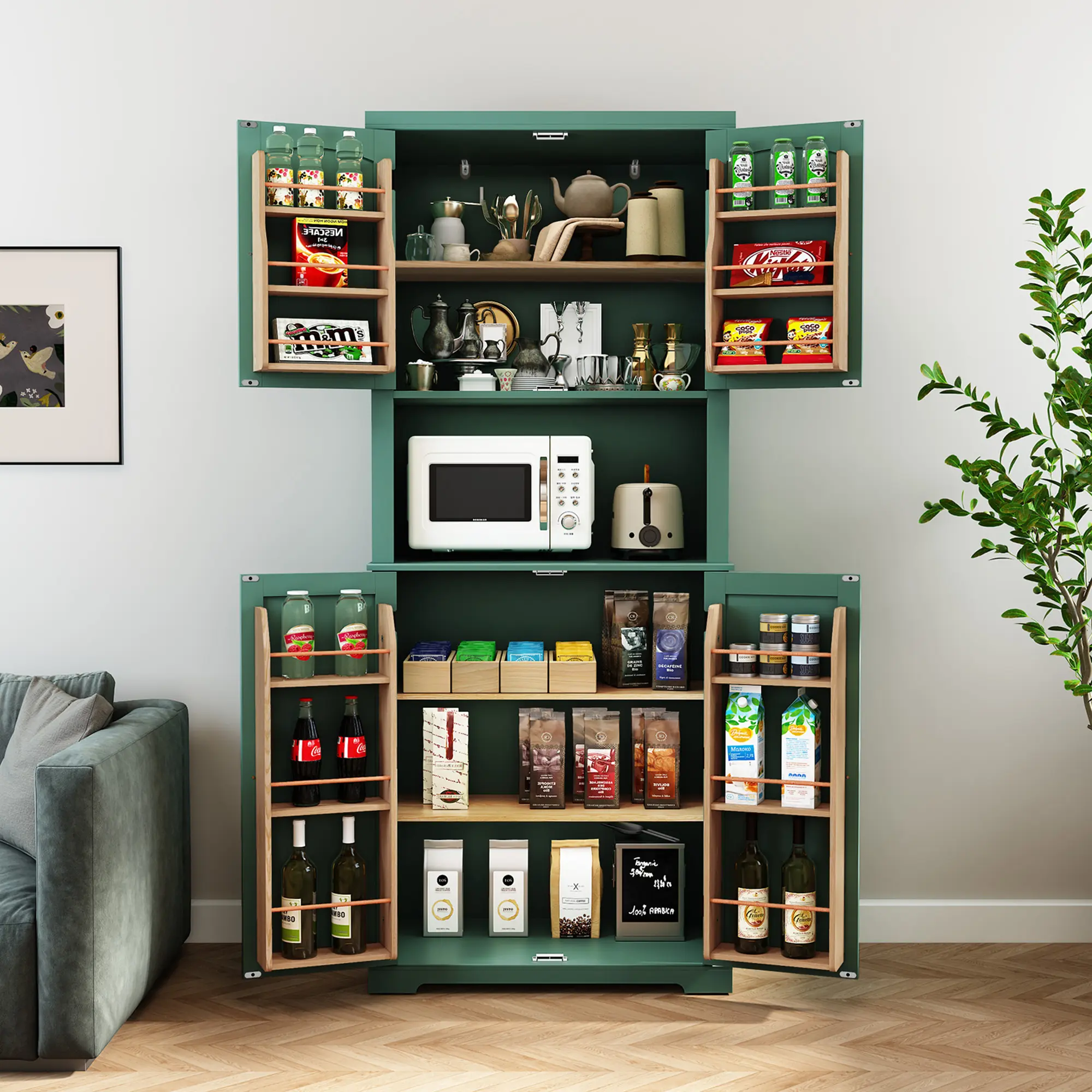 Aesthetic Green Pantry Cabinet with Ample Storage, Retro - Inspired Kitchen Storage Cabinet for Holding Microwave, Snacks & Groceries, Ideal for Home Cooks & Organizing Enthusiasts, Perfect for Kitchen, Dining Room, Basement sohochic