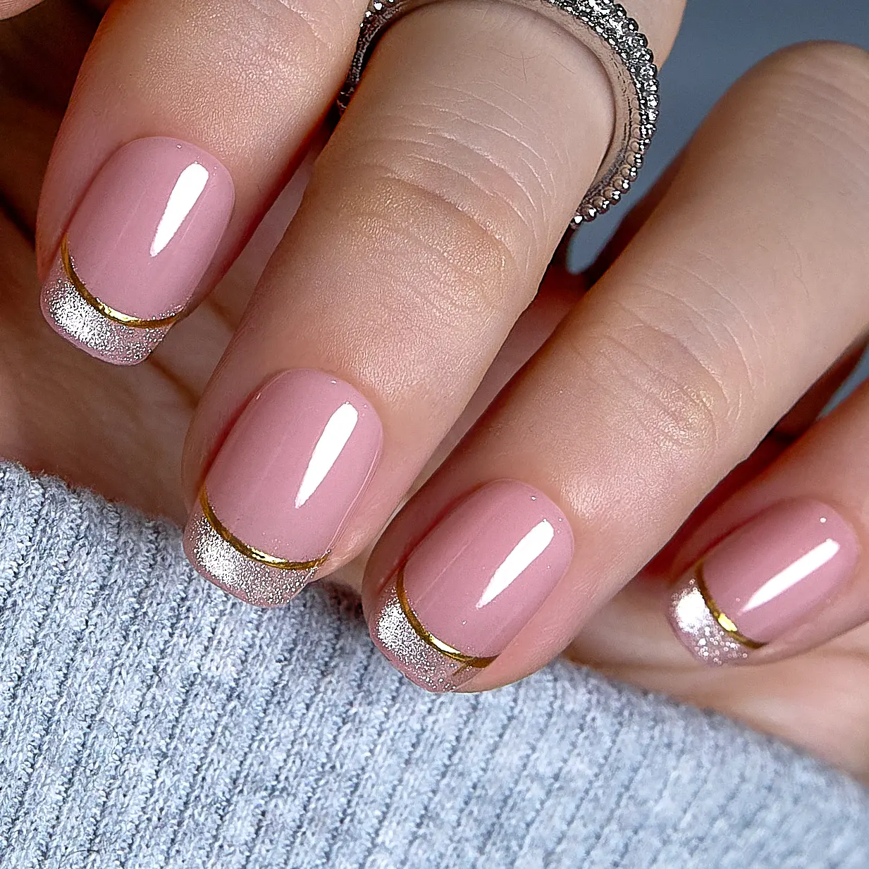 CurvLife Blush Glitz Press-On Nails – 30PCS Medium Square Fake Nails | Nude Pink with Gold Glitter Tips | Glossy Finish, Elegant & Long-Lasting | Easy to Apply, Comfortable & Perfect for Parties, Dates & Glam Occasions