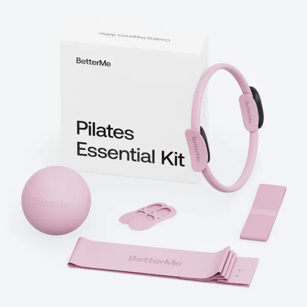 BetterMe Raspberry Pink Pilates Essential Full Body Kit - Pilates Gear, Includes 5 Items: Ring, Resistance Bands, Ball, Grip Socks for Home Workouts
