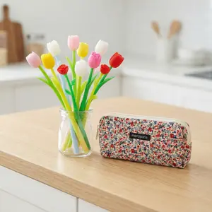 Cute Flower Series Stationery Set with Floral Pencil Case & 10 Mixed Matched Flower Pens 0.5mm for School Home Office Desktop Decoration Girl Gifts Birthday Gifts Classmate Gifts
