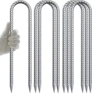 12 Inch Trampoline Stakes 6 Pack 3/8" U Shaped Rebar Ground Anchors Heavy Duty High Winds Galvanized Steel Trampolines Accessories for Swing Set, Camping, Soccer Goal, Huge Garden Decoration