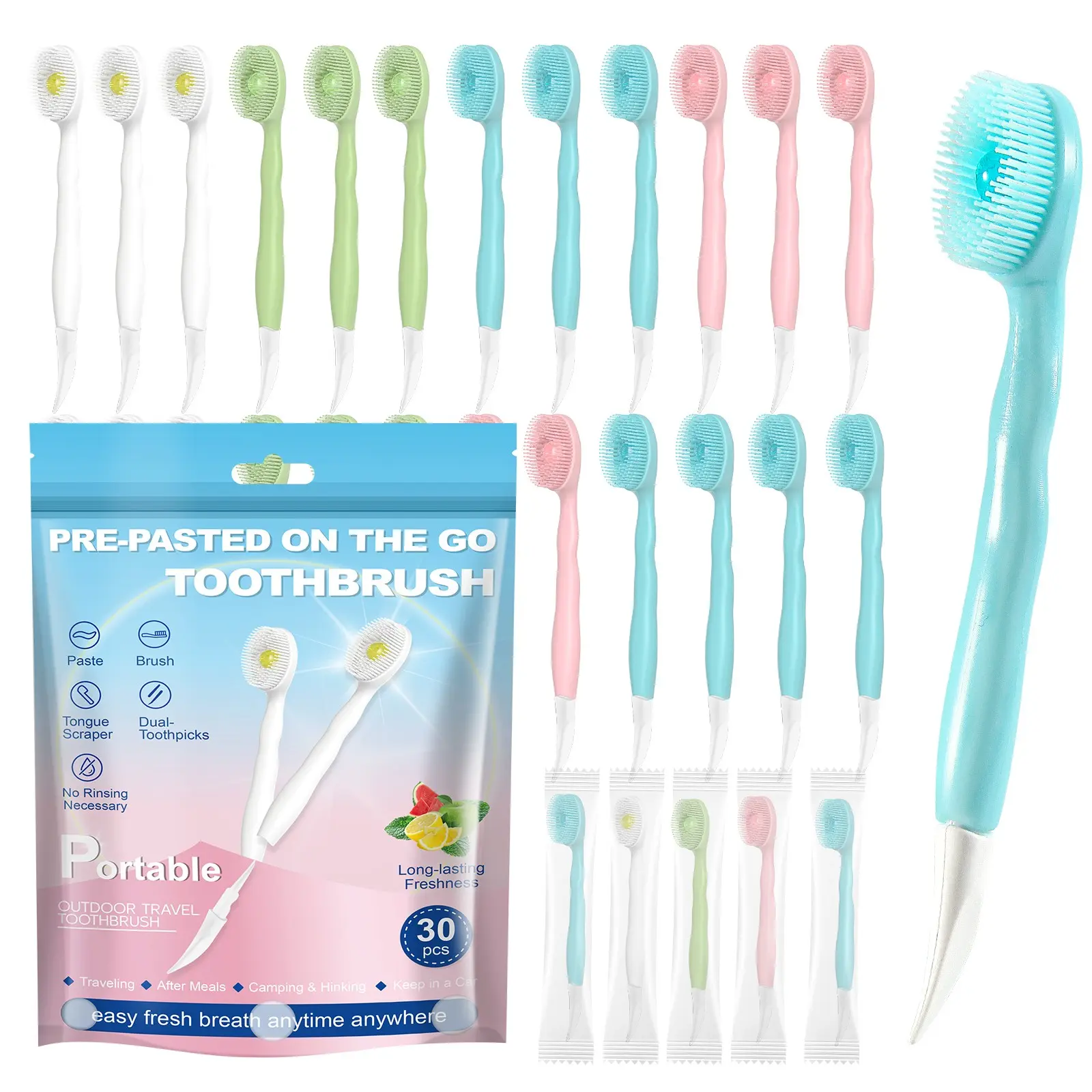 4-in-1 Disposable Oral Toothbrush Set, Toothpaste + Toothpicks + Tongue Scraper, Travel Size, Individually Wrapped, Soft Bristles, Portable Teeth Cleaning for Work or Travel, On The Go Toothbrush Disposable