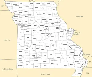 Map of Missouri MO - County Map with selected Cities and Towns - Peel and Stick Wall Decal