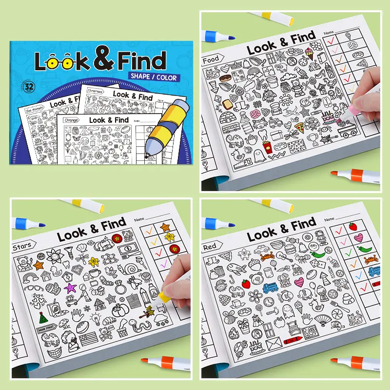 Educational Find-It Game Book, Shape Color Recognition, 32 Pages Focus Training Picture Book (blue Version) Interactive Pages, Preschool Learning Materials
