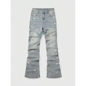 Street Life Spring Casual Graphic Men'S Casual Street Style Rhinestone Embellished Pocket Jeans Fabric Set Stretch Zipper Denim Streetwear Trouser